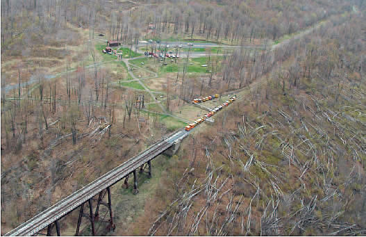 Aerial view of railcars arriving at Kinzua Bridge State Park