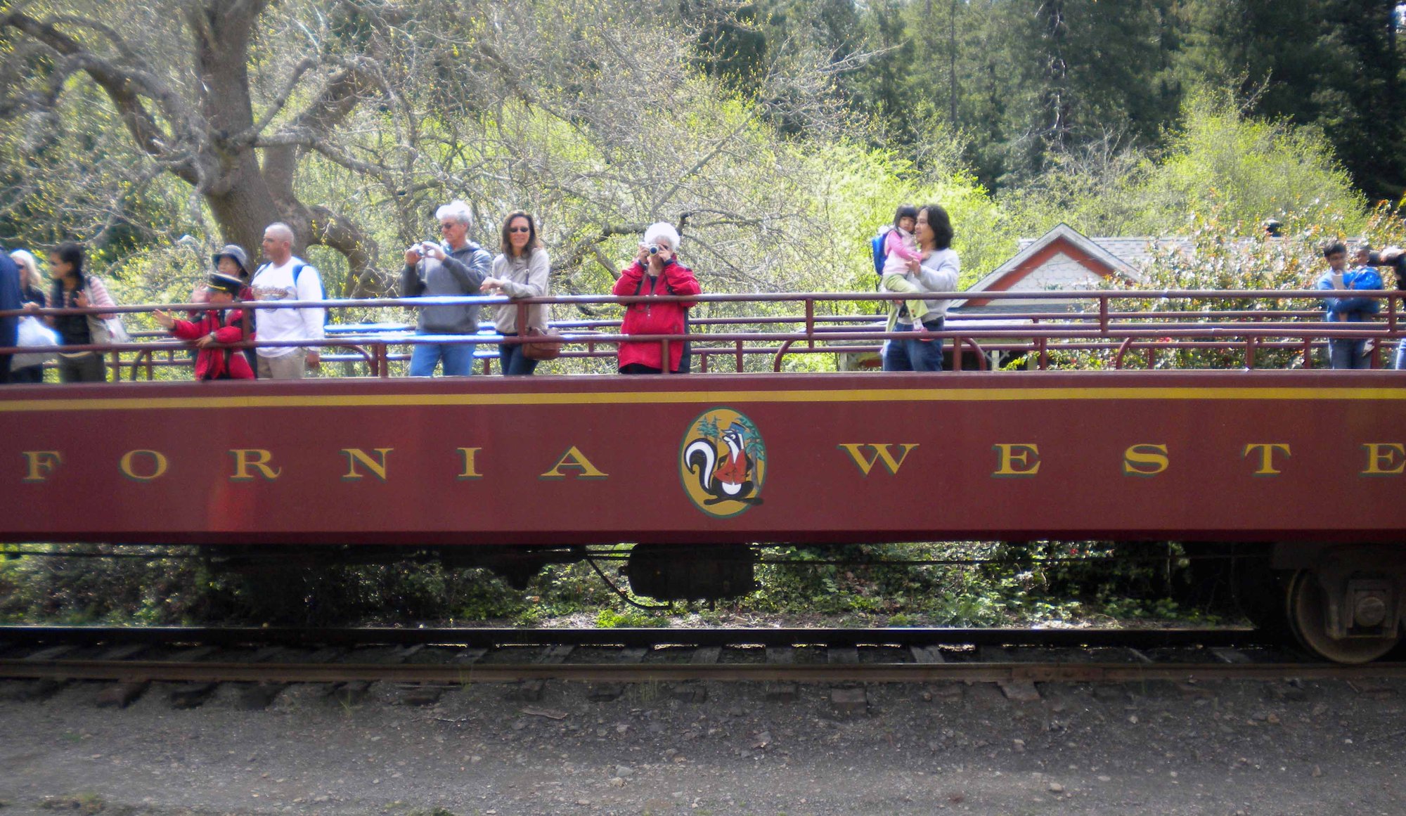 Tourists taking pictures of railcars on the Skunk Train excursion