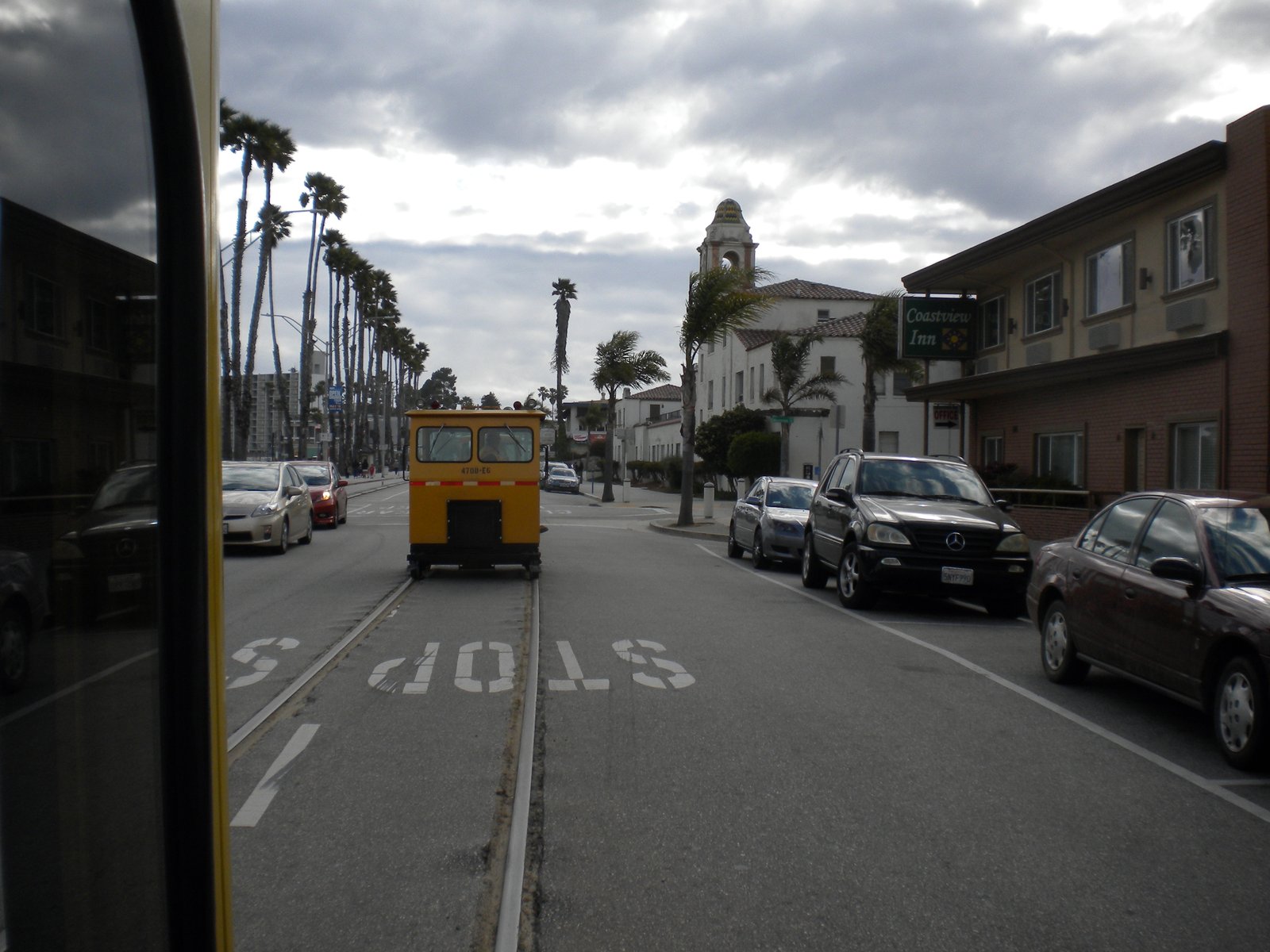 Railcars running in the street through downtown Santa Cruz