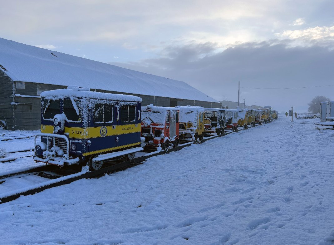 Railcars covered with snow on Sunday morning at Warden, Washington