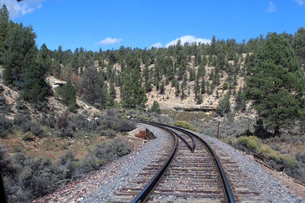 Railcars entering Grand Canyon National Park on the Grand Canyon Railway