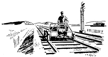 Line drawing of man riding railcar