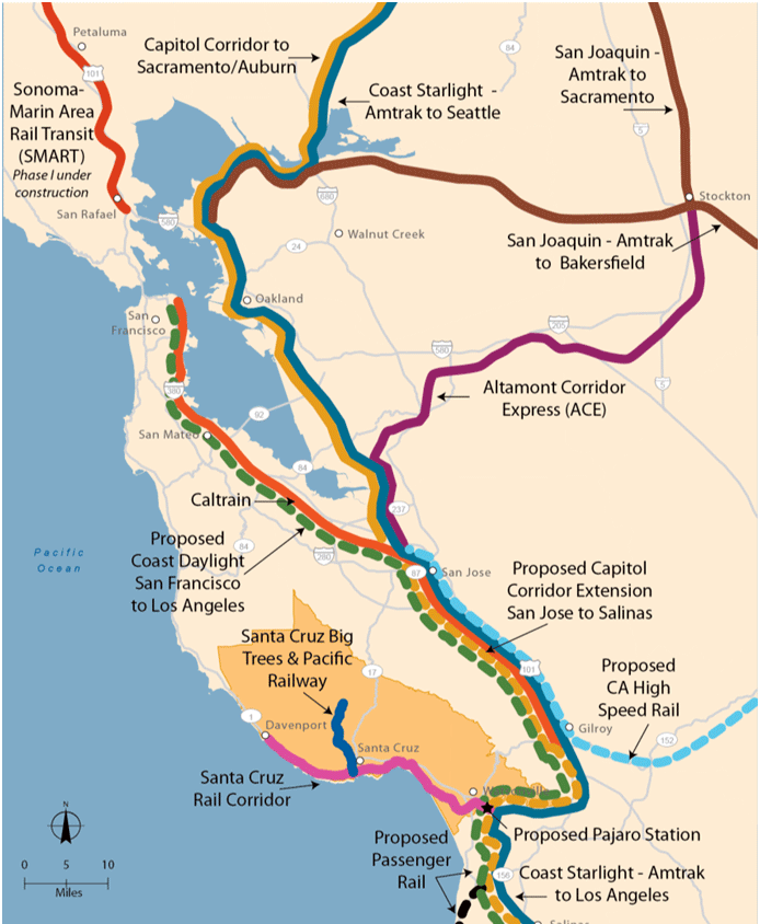 Rail lines in the Santa Cruz and Monterey Bay area