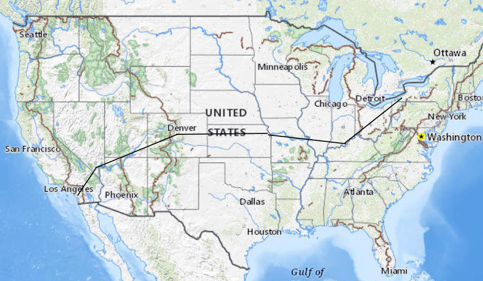 Map of Rail Car 007’s move from New York to California